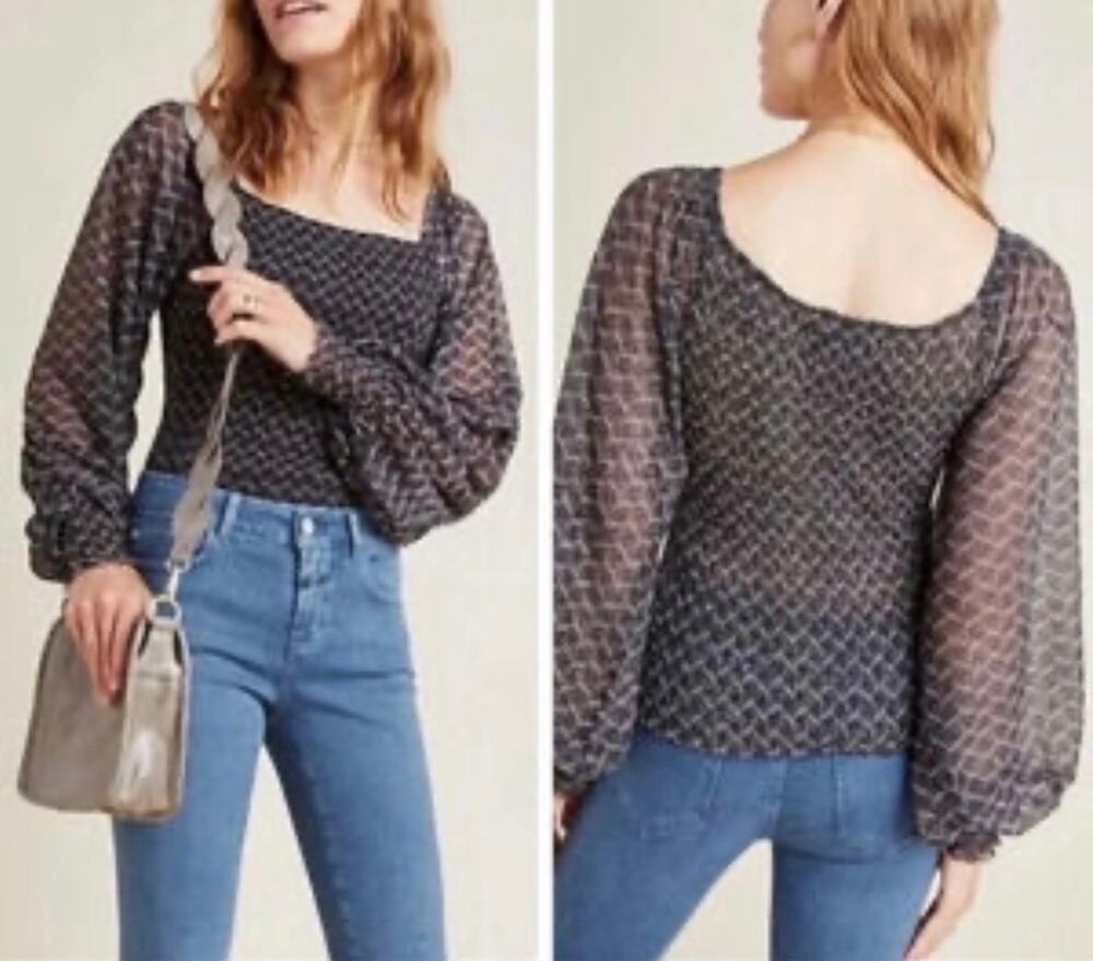 Anthropologie Sheer Black Smocked Blouse White Silver Long Balloon Sleeve Top M